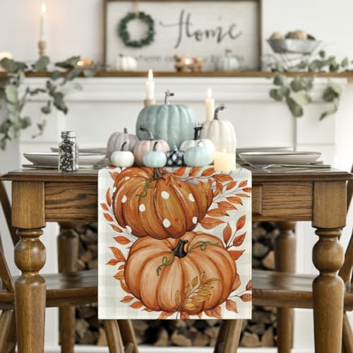 Artoid Mode Buffalo Plaid Orange Pumpkins Eucalyptus Fall Table Runner, Autumn Thanksgiving Kitchen Dining Table Decoration for Home Party Decor 13x72 Inch - Image 2