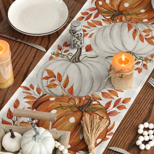 Artoid Mode Buffalo Plaid Orange Pumpkins Eucalyptus Fall Table Runner, Autumn Thanksgiving Kitchen Dining Table Decoration for Home Party Decor 13x72 Inch - Image 4