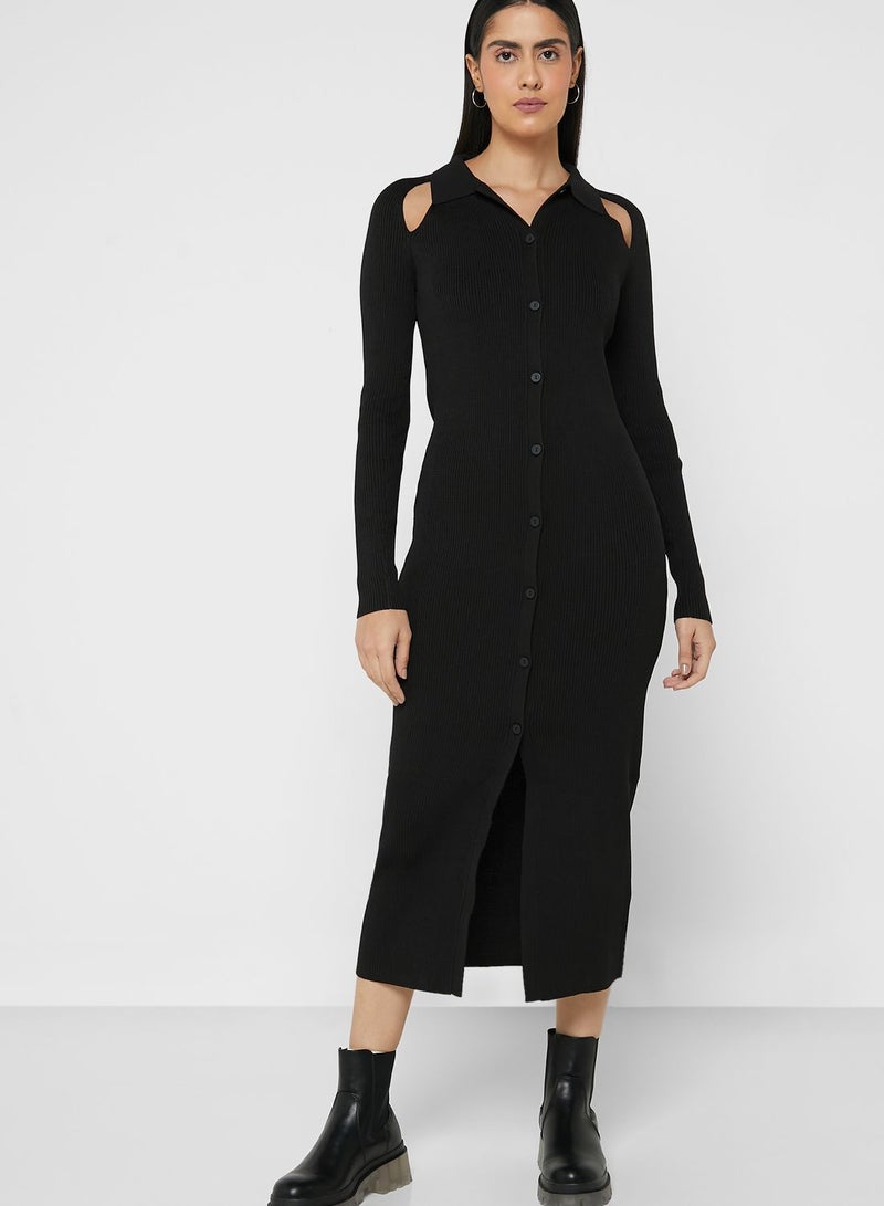 Ribbed Button Detail Dress