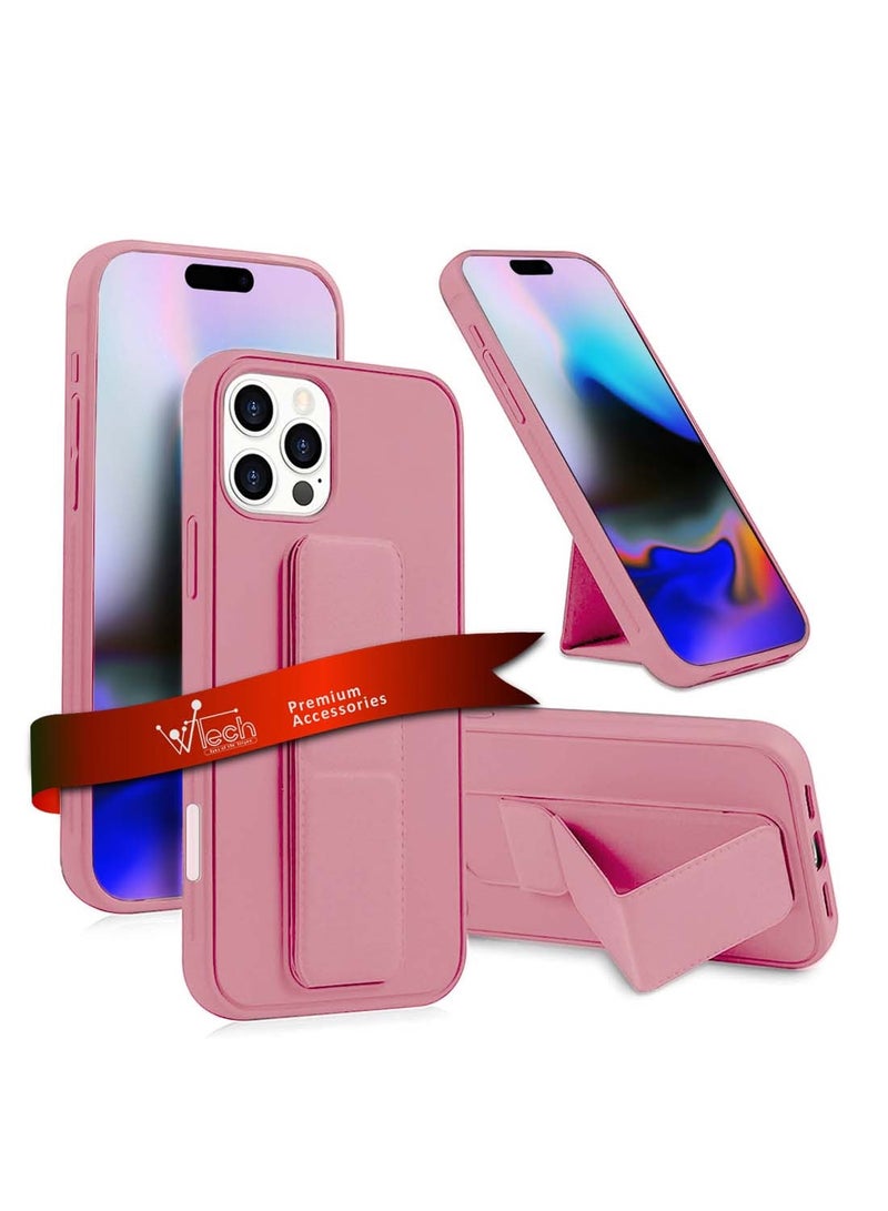 دبليو تيك ابل ايفون 16 برو ماكس 2024 مقبض يد قابل للطي مسند مغناطيسي سوار معصم مقبض اصبع مع غطاء جراب حديدي مدمج - وردي - Image 1