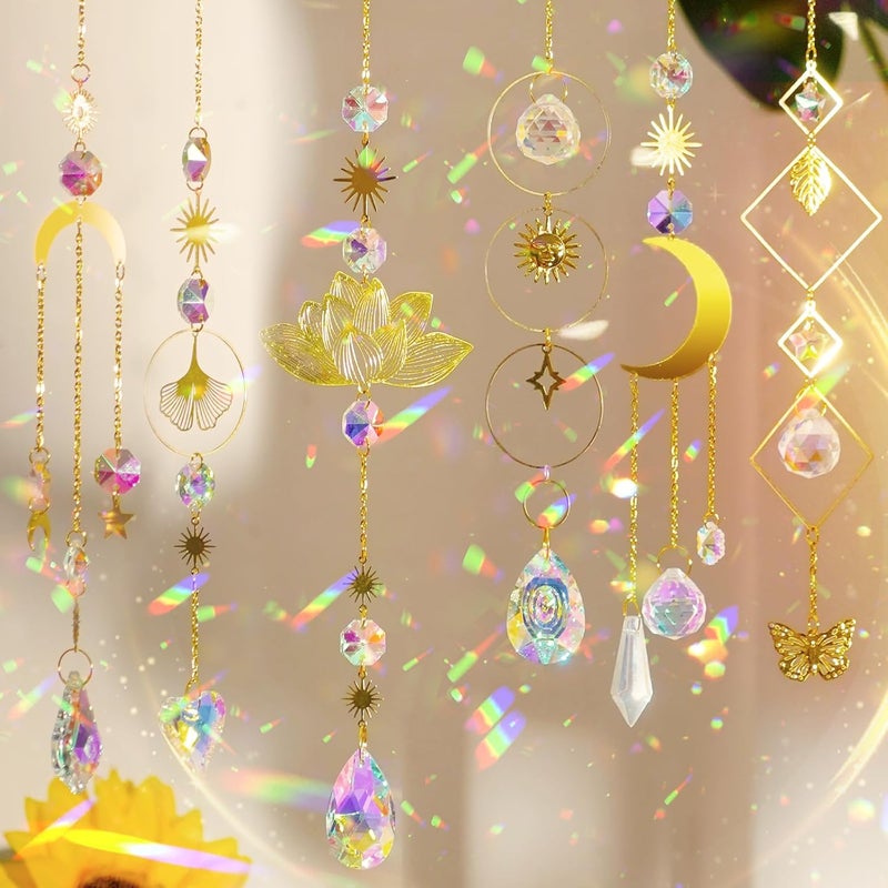 JYNTERPLAY Pack of 6 Sun Catcher Crystal Window Pendants Lotus Beads Window Decoration Hanging Crystals Rainbow Suncatcher for Garden Christmas Gifts Wedding Decoration Golden - Image 1