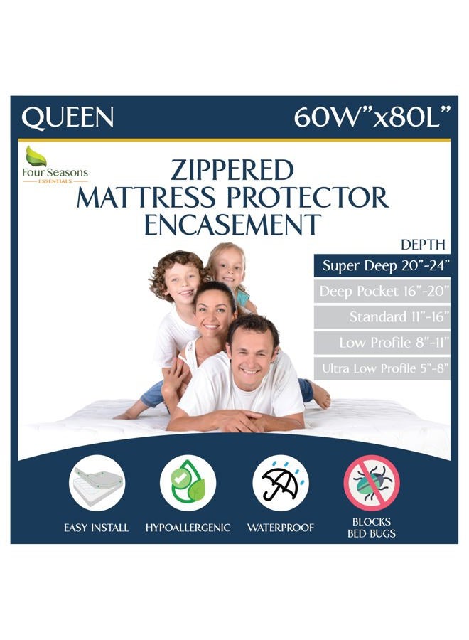 Four Seasons Essentials Super Deep Pocket Mattress Encasement - Queen - Zippered Waterproof Protector for Very Deep Mattresses 20-24 inch Depth - Image 1