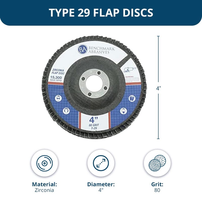 Benchmark Abrasives 4" x 5/8" Premium Type 29 Zirconia Flap Discs, Angle Grinder Flap Discs for Sanding, Stock and Rust Removal, Finishing (10 Pack) - 80 Grit - Image 5