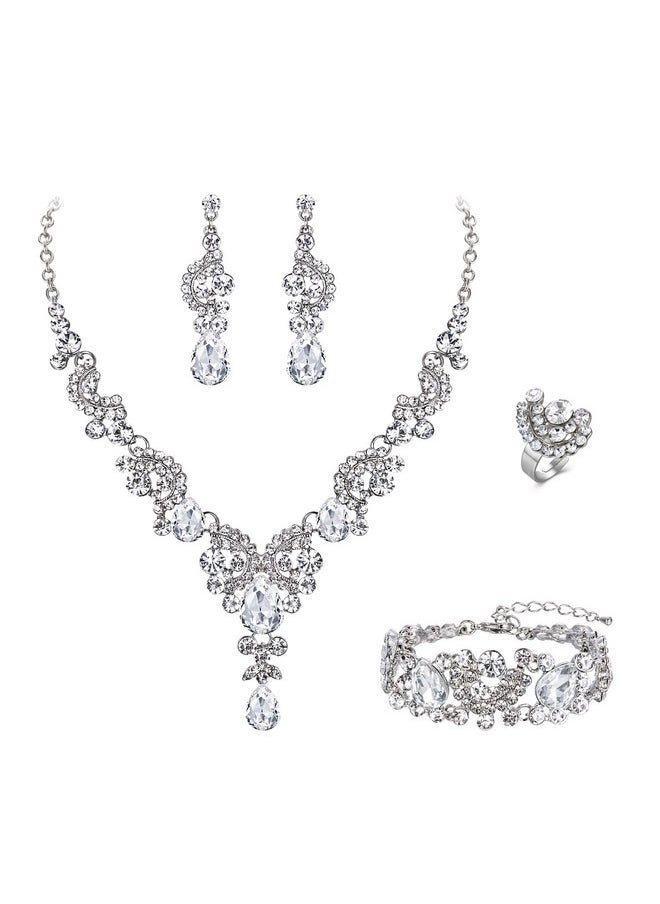 EVER FAITH Wedding Rhinestone Jewelry Sets For Brides, Crystal Bridal Floral Wave Teardrop Necklace Dangle Earrings Bracelet Ring Set Clear Silver-Tone  - Image 1