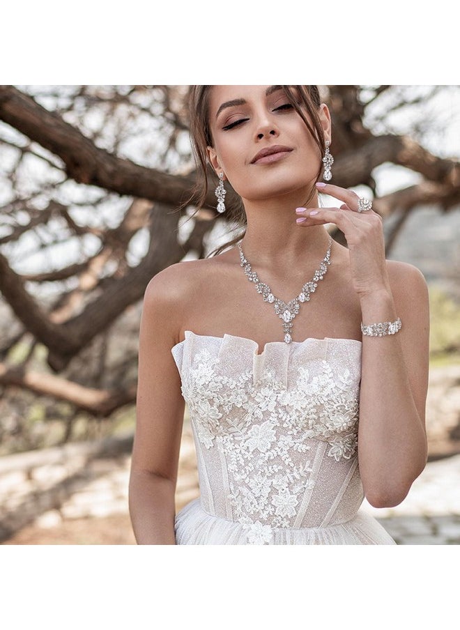 EVER FAITH Wedding Rhinestone Jewelry Sets For Brides, Crystal Bridal Floral Wave Teardrop Necklace Dangle Earrings Bracelet Ring Set Clear Silver-Tone  - Image 2