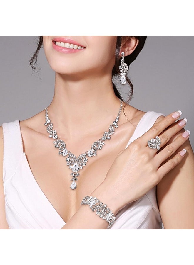EVER FAITH Wedding Rhinestone Jewelry Sets For Brides, Crystal Bridal Floral Wave Teardrop Necklace Dangle Earrings Bracelet Ring Set Clear Silver-Tone  - Image 3