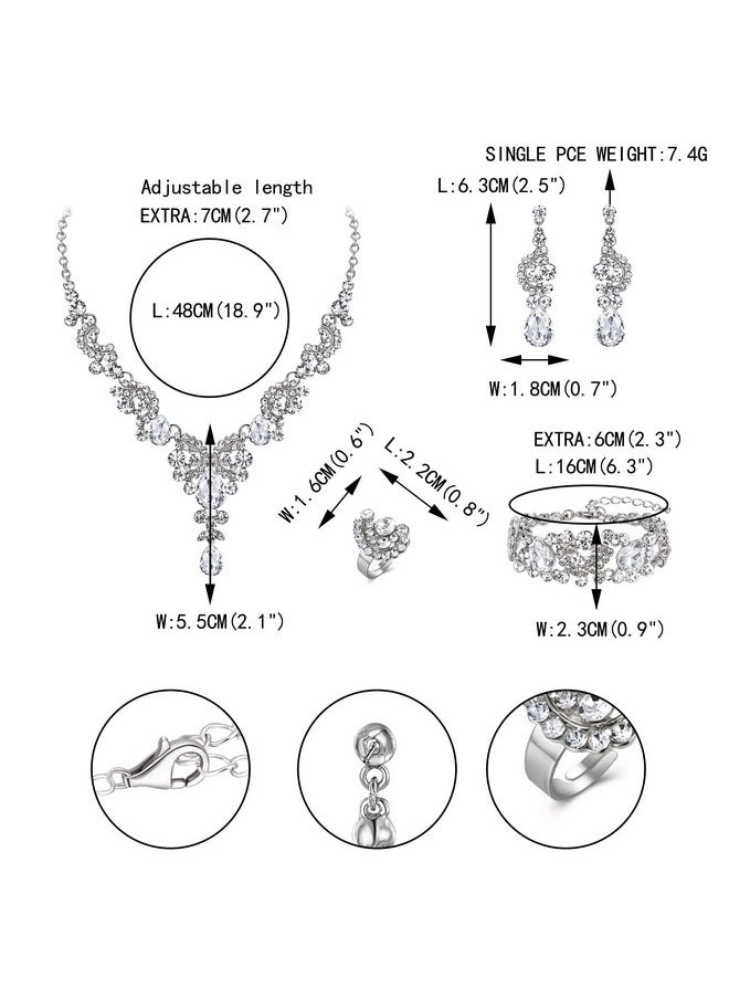 EVER FAITH Wedding Rhinestone Jewelry Sets For Brides, Crystal Bridal Floral Wave Teardrop Necklace Dangle Earrings Bracelet Ring Set Clear Silver-Tone  - Image 5