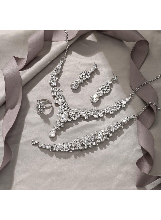 EVER FAITH Wedding Rhinestone Jewelry Sets For Brides, Crystal Bridal Floral Wave Teardrop Necklace Dangle Earrings Bracelet Ring Set Clear Silver-Tone  - Image 4