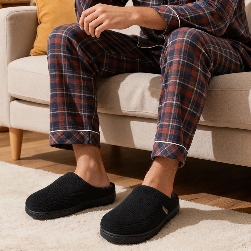 shoeslocker Mens Slippers Moccasin House Shoes Soft Memory Foam Slip-on Indoor/Outdoor, Black, Size 11-12 D(M) US - Image 2