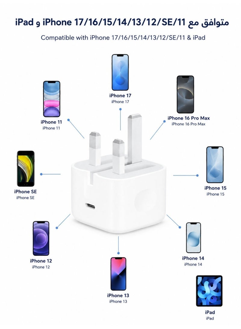 ZapLin iPhone Charger Adapter 25W USB-C PD Fast Wall Charger Type C Power Adapter Compatible with iPhone 17/16 Pro Max/16/15 Pro Max/15/14 Pro Max/14/13/12/SE2020/11/XR/XS Max/X/iPad - Image 2