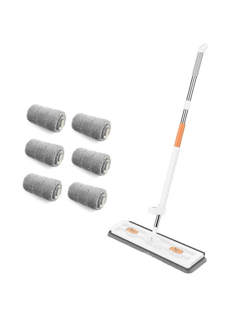 Microfiber Spin Mop, Large Flat Mop with Dewatering Scraper, Wall Mop with Long Handle, Self Wringing 360° Rotating Mop-Head with 6 Washable Mop Pads for Tile, Wood, Laminate.
