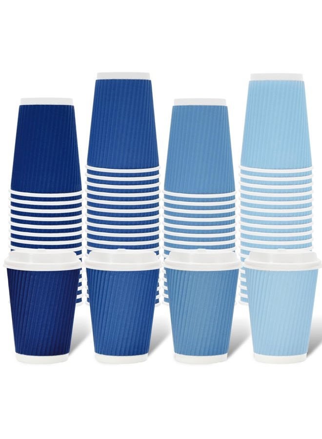 Whaline 100Pcs Dusty Blue Disposable Coffee Cups with Lids 12oz Gradient Blue Paper Cups Corrugated Ripple Wall Insulated Hot Cups for Home Office Party Supplies - Image 1