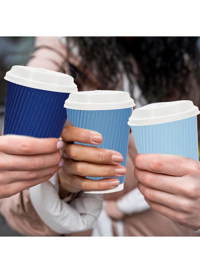 Whaline 100Pcs Dusty Blue Disposable Coffee Cups with Lids 12oz Gradient Blue Paper Cups Corrugated Ripple Wall Insulated Hot Cups for Home Office Party Supplies - Image 5