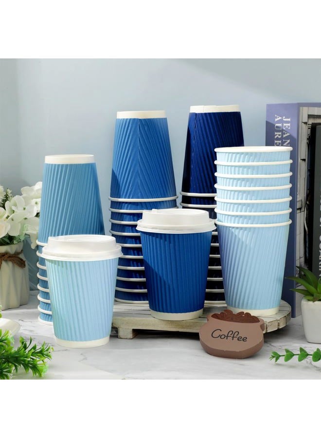 Whaline 100Pcs Dusty Blue Disposable Coffee Cups with Lids 12oz Gradient Blue Paper Cups Corrugated Ripple Wall Insulated Hot Cups for Home Office Party Supplies - Image 4