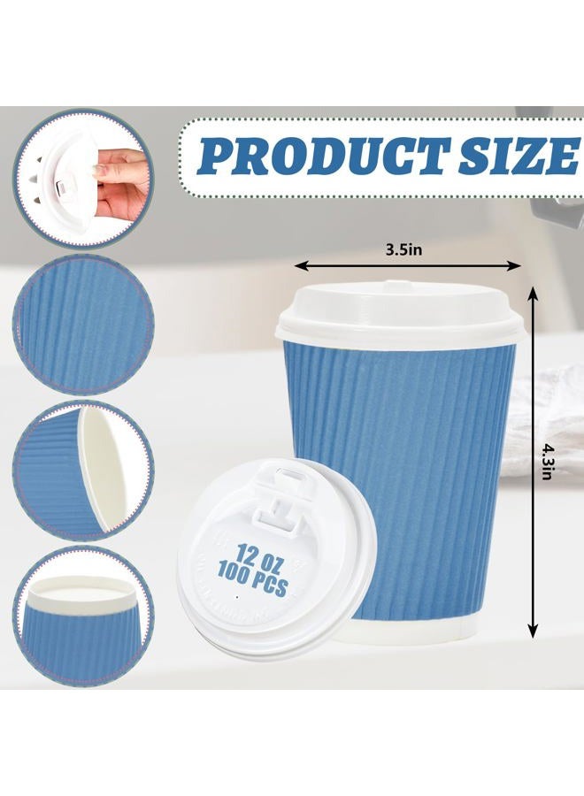 Whaline 100Pcs Dusty Blue Disposable Coffee Cups with Lids 12oz Gradient Blue Paper Cups Corrugated Ripple Wall Insulated Hot Cups for Home Office Party Supplies - Image 2