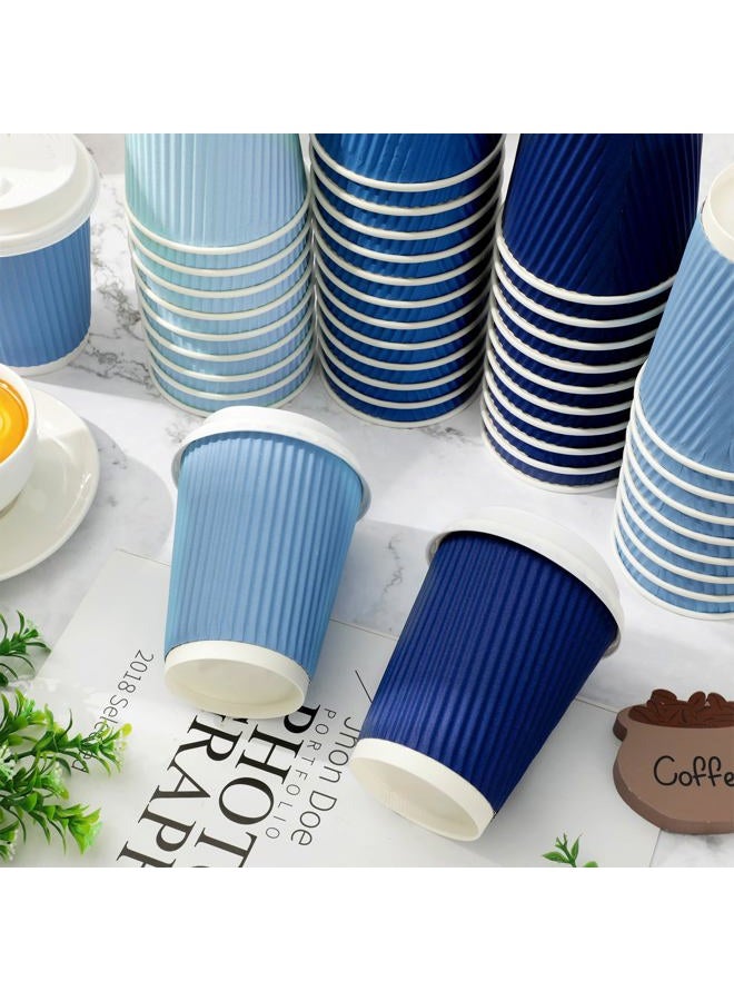 Whaline 100Pcs Dusty Blue Disposable Coffee Cups with Lids 12oz Gradient Blue Paper Cups Corrugated Ripple Wall Insulated Hot Cups for Home Office Party Supplies - Image 3