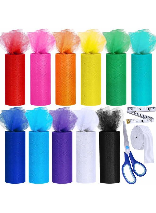 Supla 11 Colors Rainbow Tulle Rolls Tulle Netting Rolls Tulle Fabric Spool Ribbon 6" by 25 Yards/Spool and Sewing Scissor Measuring Tape Knit Elastic Spool for Table Skirt Tulle Skirt - Image 1