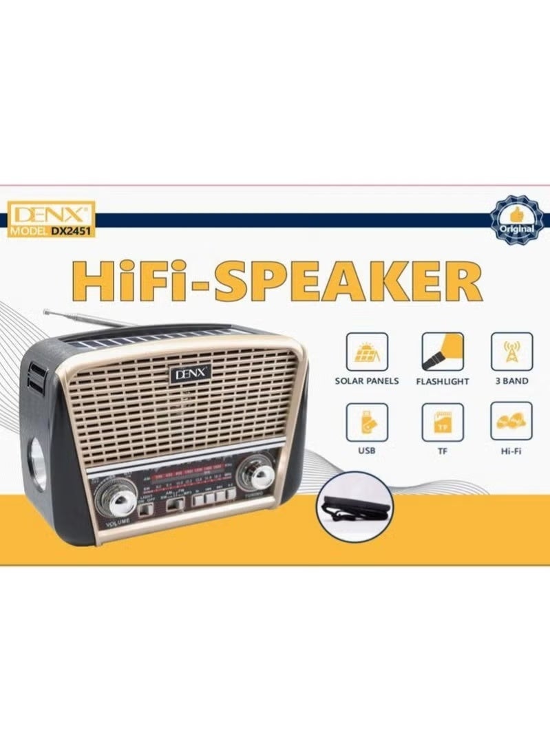 Denx Classic rechargeable radio with LED flashlight, portable AM/FM radio with superior sound, solar and battery powered, rechargeable, supports TF card and USB playback - Image 5