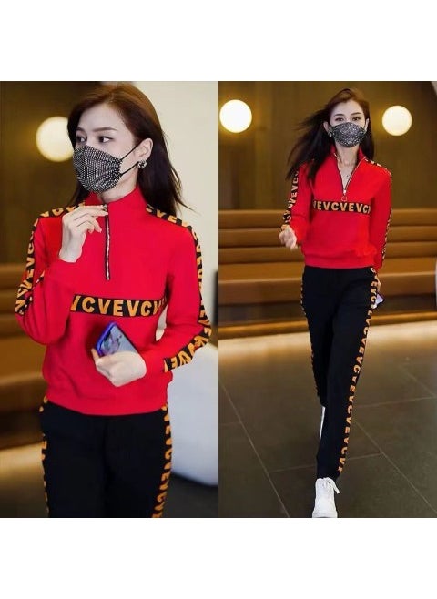 Generic - Casual Fashionable Womens Sweatshirt Zipper Half-up Style New Spring Autumn Collection Stylish Age-reducing Sports Suit Set Red - Image 1