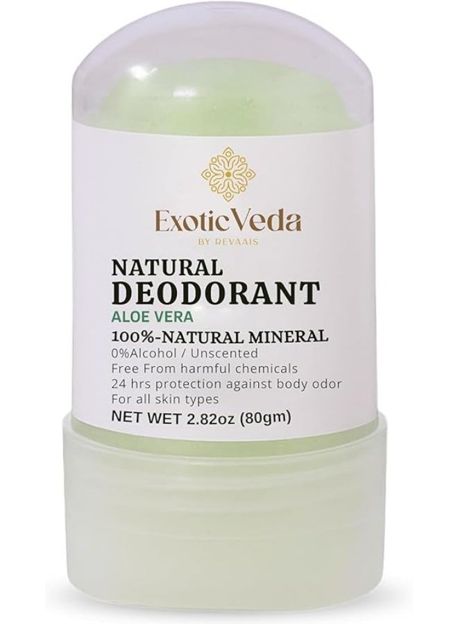 100% Natural Alum Deodorant Stick With Aloevera, Alcohol & Chemical-Free, 24-Hour Odor Protection for All Skin Types, 2.82 oz, Aloe Vera, Ideal Travel Deodorant for Women & Men