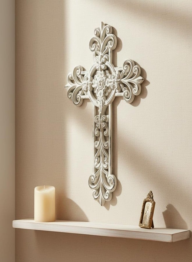 Comfy Hour 12" White Cross for Wall Decor, Rustic Antique Style Religious Plaque, Artisan Finished Vintage Victorian Wall Art for Home Sanctuary, Resin Sculpture - Image 4