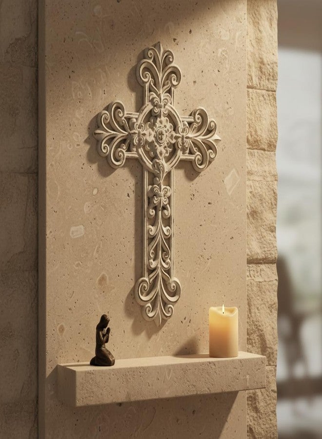Comfy Hour 12" White Cross for Wall Decor, Rustic Antique Style Religious Plaque, Artisan Finished Vintage Victorian Wall Art for Home Sanctuary, Resin Sculpture - Image 2