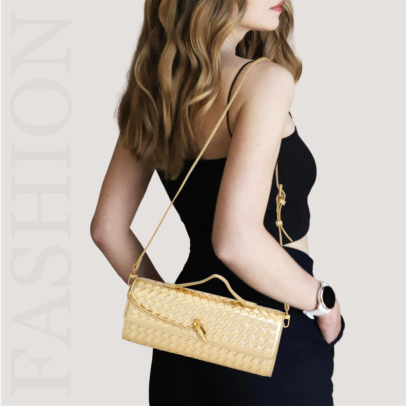 EGCUQ PU Leather Woven Gold Purse,Wedding Clutch,Woven Gold Clutch Purses For Women 11.8" x 1.7" x 4.9" - Image 2