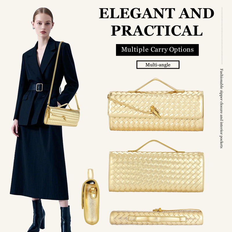 EGCUQ PU Leather Woven Gold Purse,Wedding Clutch,Woven Gold Clutch Purses For Women 11.8" x 1.7" x 4.9" - Image 4
