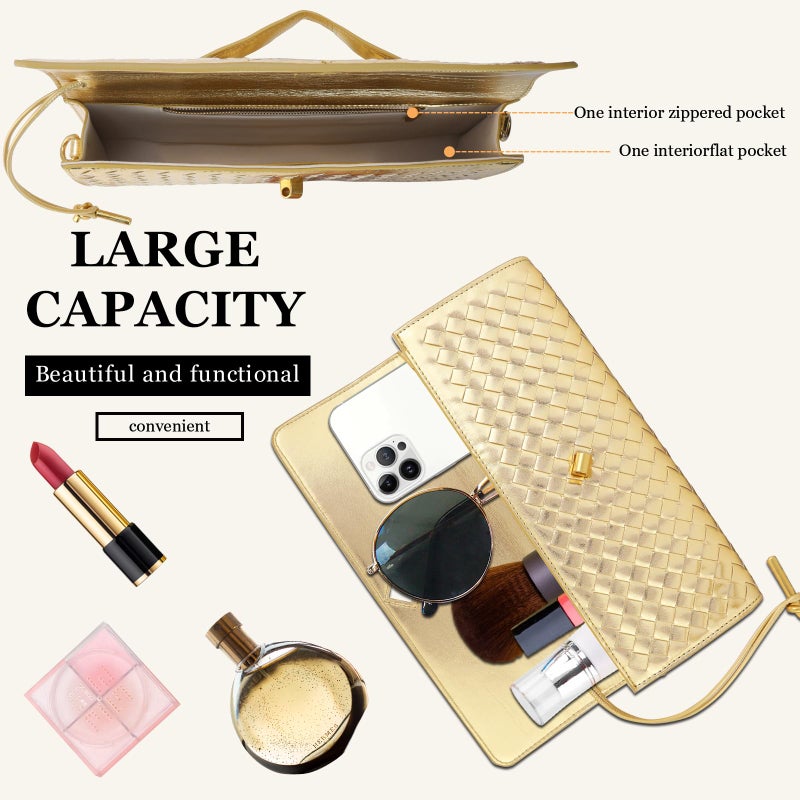 EGCUQ PU Leather Woven Gold Purse,Wedding Clutch,Woven Gold Clutch Purses For Women 11.8" x 1.7" x 4.9" - Image 5