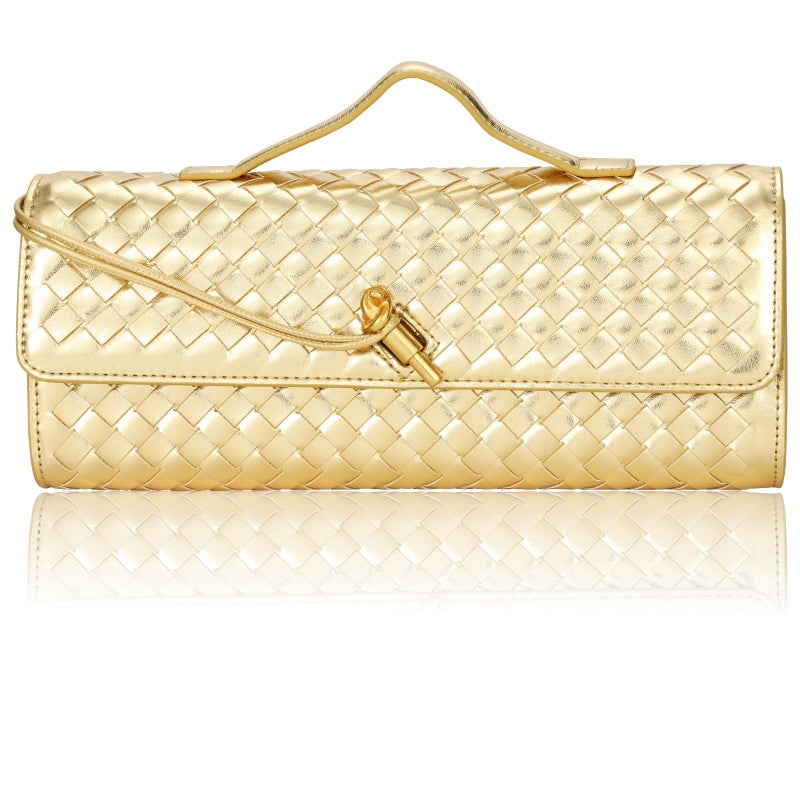 EGCUQ PU Leather Woven Gold Purse,Wedding Clutch,Woven Gold Clutch Purses For Women 11.8" x 1.7" x 4.9" - Image 1