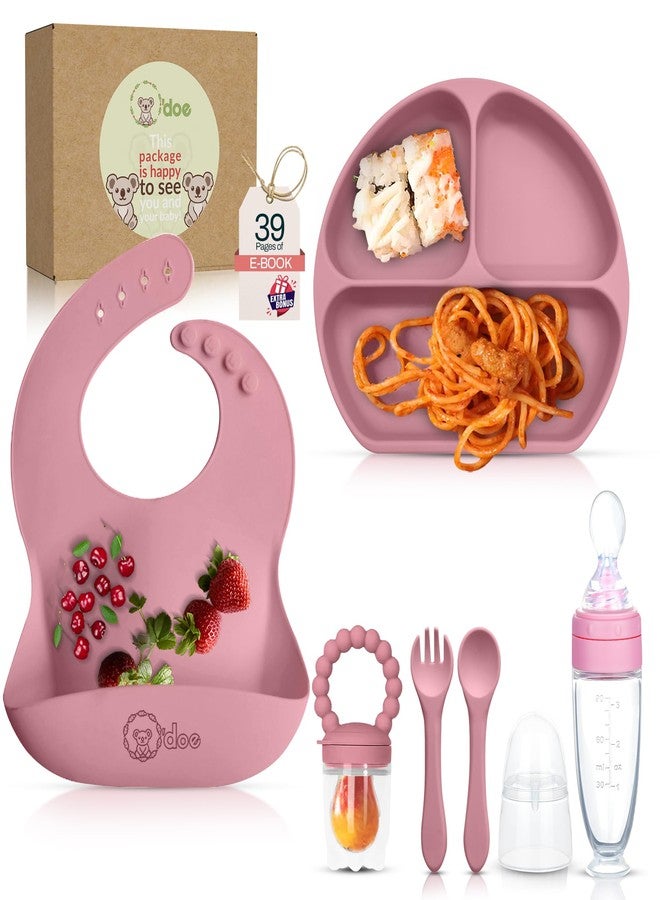 O'doe 6-Piece Bpa-Free Silicone Solid Baby Feeding Set | Soft Suction Plates, Baby Food Bowl, Wooden Fork & Spoon, and More | Make Mealtime Fun and Easy for Your Little One - Image 1