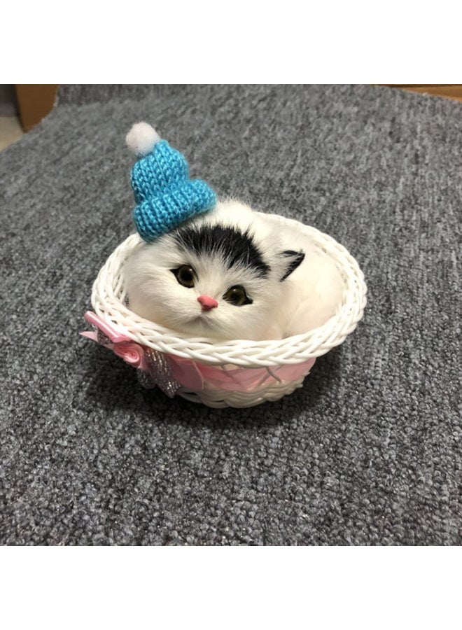 Simulation Of Kitten Fur Small Animal Car Ornaments A Press Will Call Adorable Pet Kitten Toy Ornaments-Color:Blue Hat Black Head Cat  - Image 1