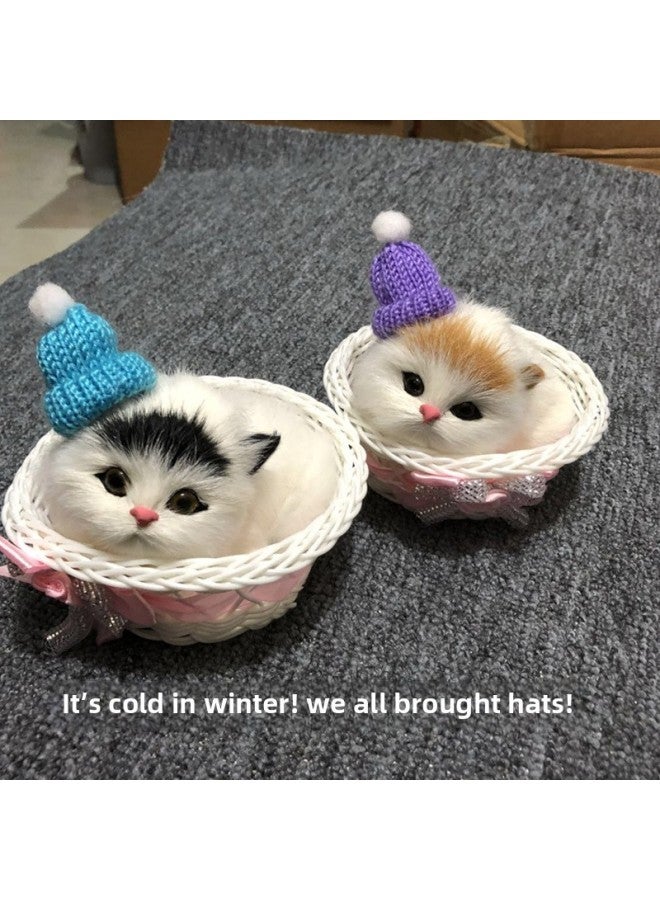 Simulation Of Kitten Fur Small Animal Car Ornaments A Press Will Call Adorable Pet Kitten Toy Ornaments-Color:Blue Hat Black Head Cat  - Image 2