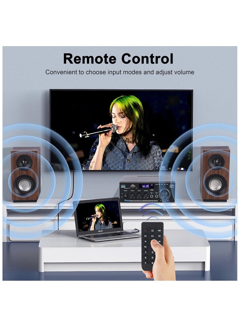 Bluetooth 5.0 Home Audio Amplifier, Dual 300Wx2 Channel Speaker Amp with FM Radio, USB, SD Input for Home Theater Stereo System, Remote Control Included - Image 4