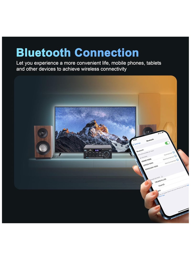 Bluetooth 5.0 Home Audio Amplifier, Dual 300Wx2 Channel Speaker Amp with FM Radio, USB, SD Input for Home Theater Stereo System, Remote Control Included - Image 3