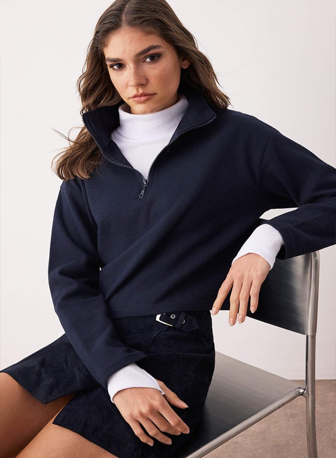trendyol Navy Blue Thessaloniki/Knitwear Look Zippered Collar Regular/Regular Fit Knitted Sweatshirt - Image 1