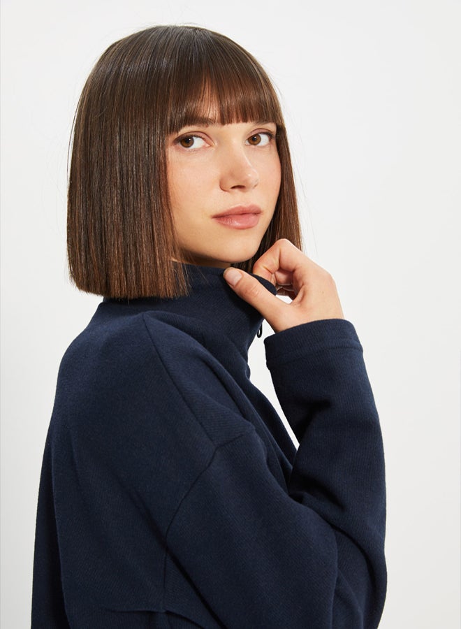 trendyol Navy Blue Thessaloniki/Knitwear Look Zippered Collar Regular/Regular Fit Knitted Sweatshirt - Image 5