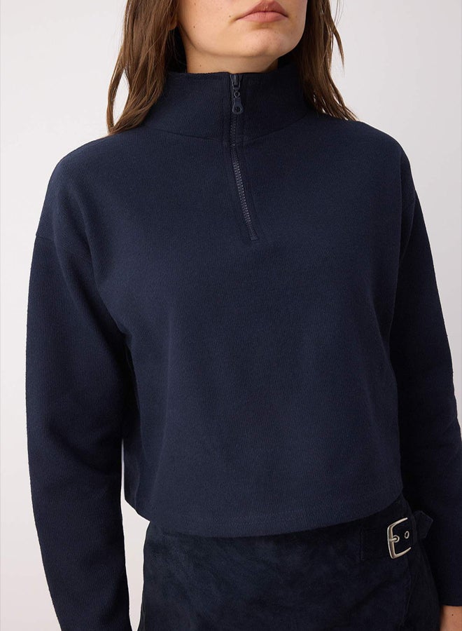 trendyol Navy Blue Thessaloniki/Knitwear Look Zippered Collar Regular/Regular Fit Knitted Sweatshirt - Image 3
