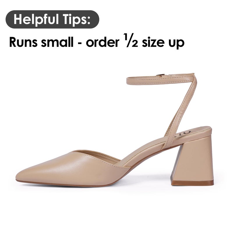 QIY Nude Heels Closed Toe Chunky Heels for Women Dressy Pointed Toe Sling Back Slingback Block Short Low Heel Wedding Dress Shoes Ankle Strap Strappy Heel Nude Pumps Size 7 - Image 3