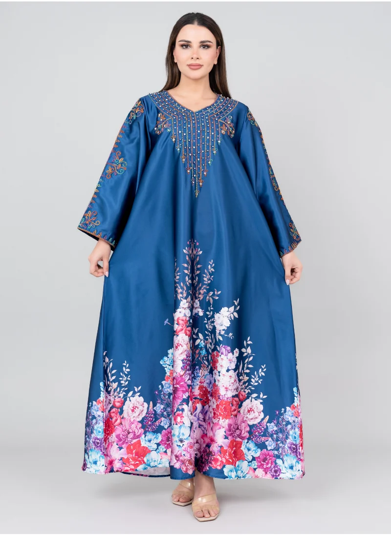 IKKXA Floral Printed Crystal Embroidery Jalabiya IK1015 Blue