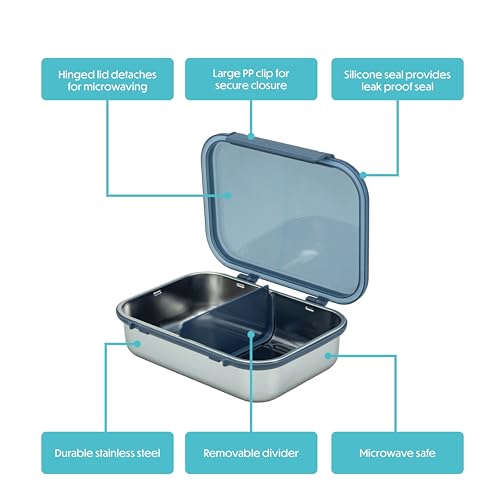 Smash 61oz / 1.8L Microwave Safe Stainless Steel Bento Box with Black Hinged Lid – 2 Compartments with Movable Divider, Leak-Proof Clip Closure & Silicone Seal - Image 2