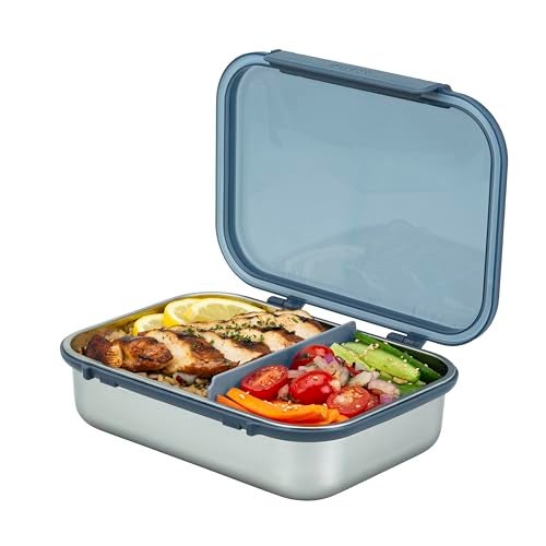 Smash 61oz / 1.8L Microwave Safe Stainless Steel Bento Box with Black Hinged Lid – 2 Compartments with Movable Divider, Leak-Proof Clip Closure & Silicone Seal - Image 1