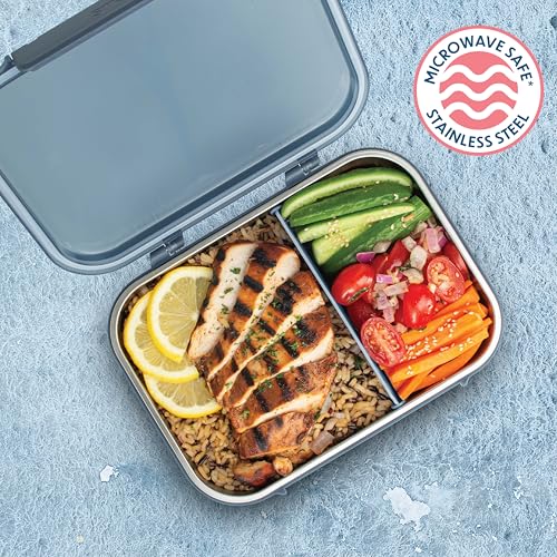 Smash 61oz / 1.8L Microwave Safe Stainless Steel Bento Box with Black Hinged Lid – 2 Compartments with Movable Divider, Leak-Proof Clip Closure & Silicone Seal - Image 5