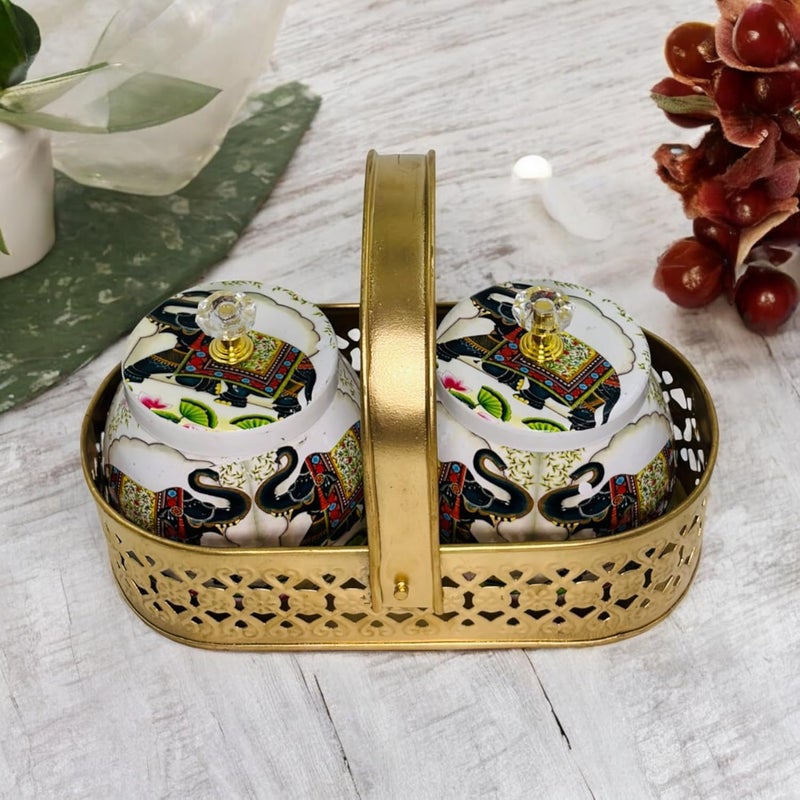 COOPTIC Elegant Dual Jar Set with Decorative Golden Basket | Handcrafted Iron Holder Featuring Traditional Art | Ideal for Kitchen Storage, Gifts & Festive Home Décor (White-Double-Elephant) - Image 1