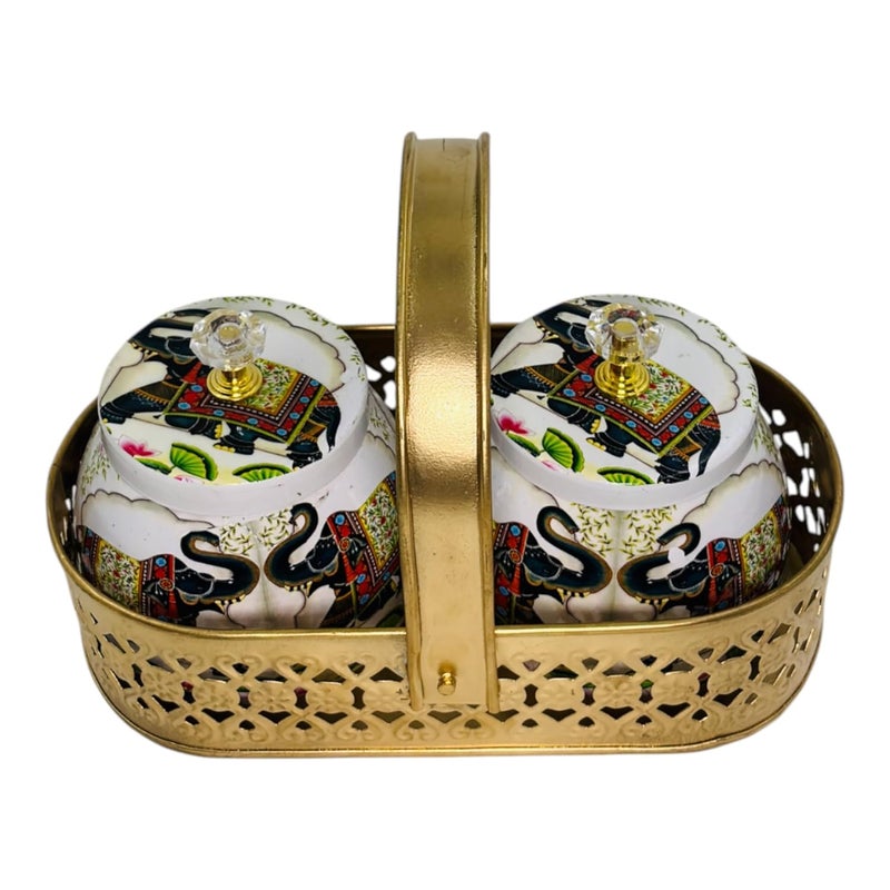 COOPTIC Elegant Dual Jar Set with Decorative Golden Basket | Handcrafted Iron Holder Featuring Traditional Art | Ideal for Kitchen Storage, Gifts & Festive Home Décor (White-Double-Elephant) - Image 4