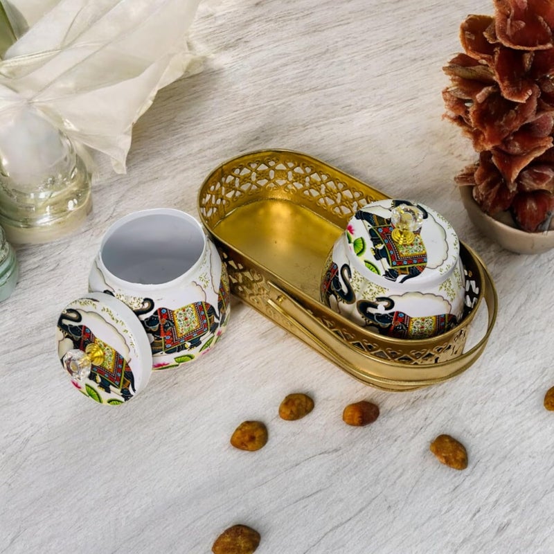 COOPTIC Elegant Dual Jar Set with Decorative Golden Basket | Handcrafted Iron Holder Featuring Traditional Art | Ideal for Kitchen Storage, Gifts & Festive Home Décor (White-Double-Elephant) - Image 2