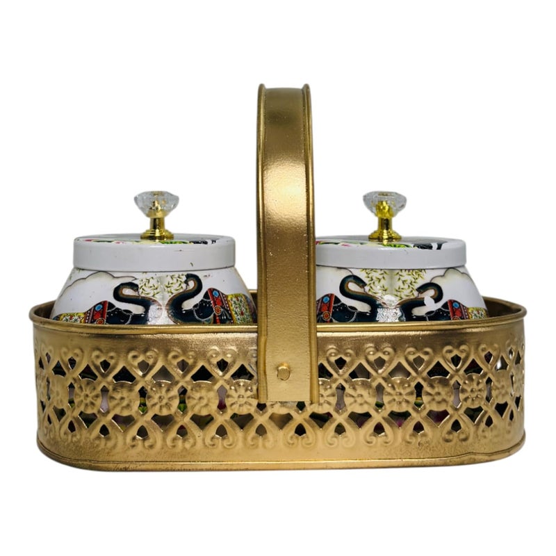 COOPTIC Elegant Dual Jar Set with Decorative Golden Basket | Handcrafted Iron Holder Featuring Traditional Art | Ideal for Kitchen Storage, Gifts & Festive Home Décor (White-Double-Elephant) - Image 5