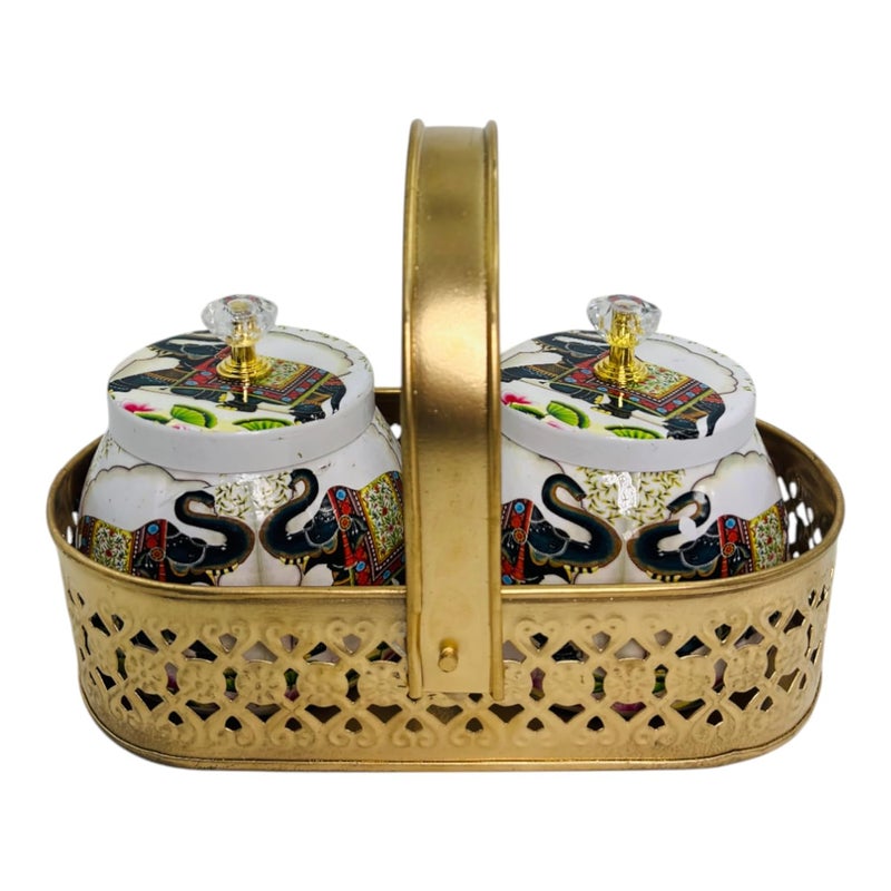 COOPTIC Elegant Dual Jar Set with Decorative Golden Basket | Handcrafted Iron Holder Featuring Traditional Art | Ideal for Kitchen Storage, Gifts & Festive Home Décor (White-Double-Elephant) - Image 3