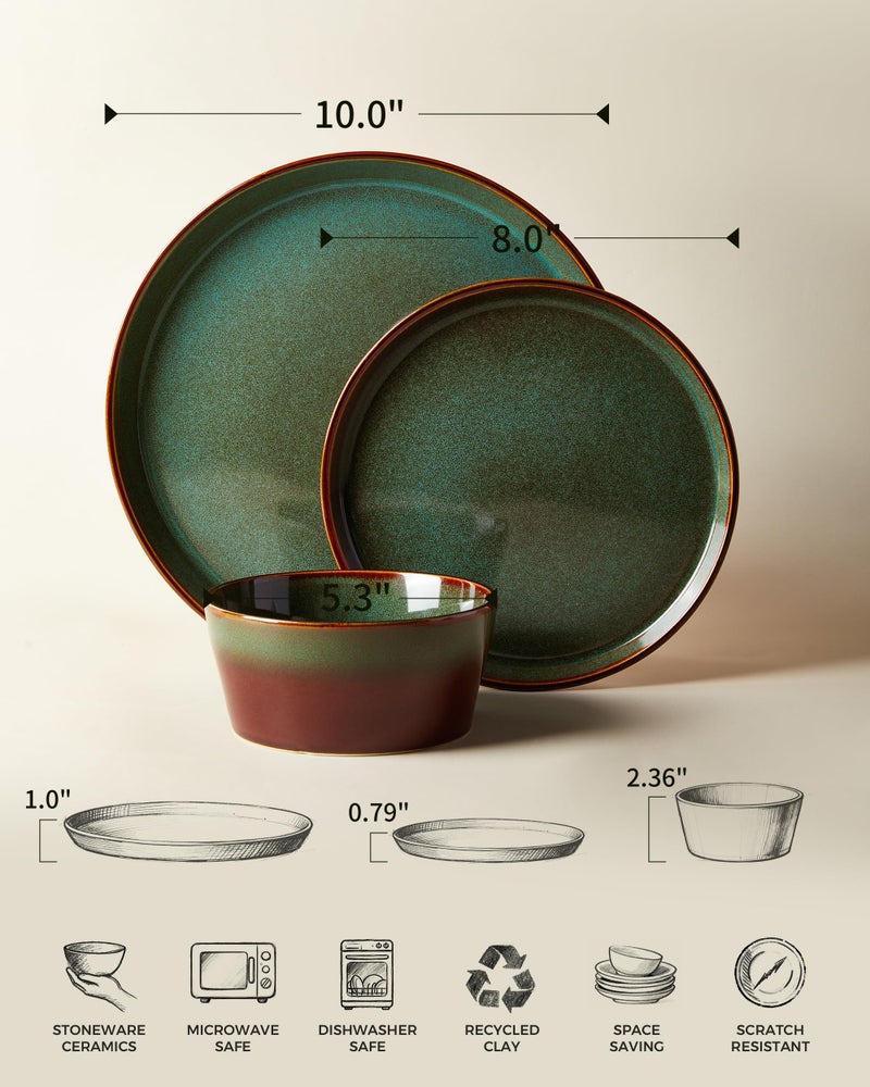 Pokini Plates and Bowls Sets for 4, Ceramic Dinnerware Sets, Kitchen Dish Set, Microwave & Dishwasher Safe Dishware, Highly Durable Hand Glazed Dinner Set, Brown Green - Image 2
