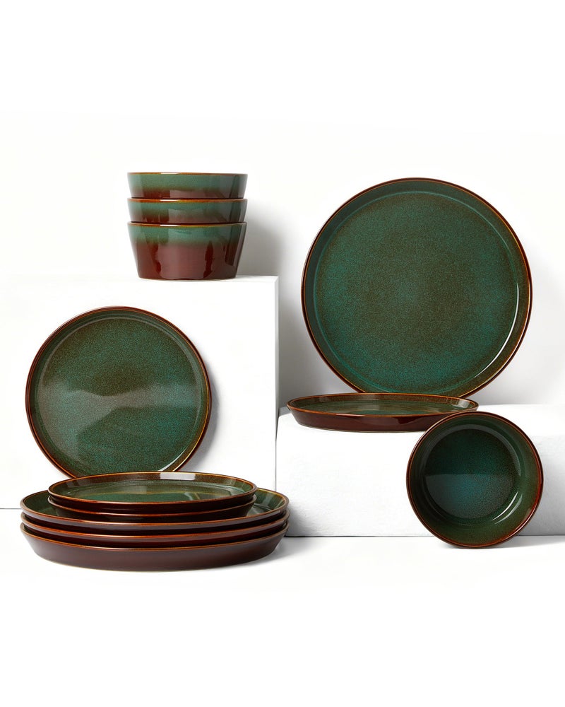 Pokini Plates and Bowls Sets for 4, Ceramic Dinnerware Sets, Kitchen Dish Set, Microwave & Dishwasher Safe Dishware, Highly Durable Hand Glazed Dinner Set, Brown Green - Image 1